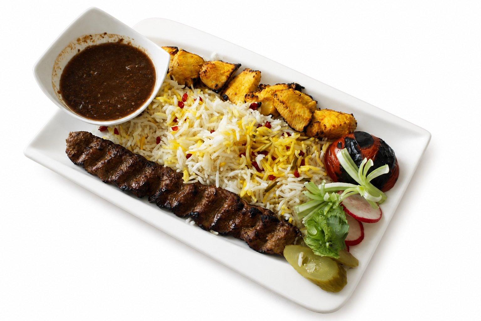 Kebab Polo mit Safranreis und Grillspießen