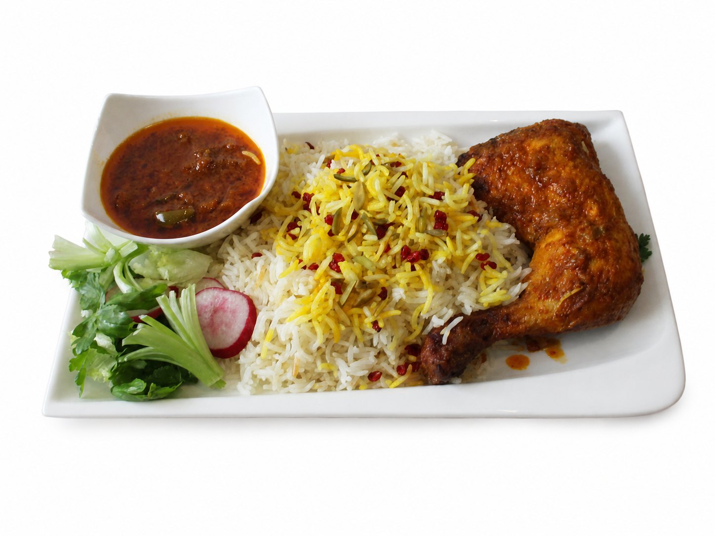 Zereshk Polo mit Safranreis, Hähnchen und Berberitzen